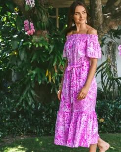 Isbell Off-The-Shoulder Linen Midi Dress -Lilly Pulitzer Shop 012887 wildfuchsiaswiperight campaigntest sf