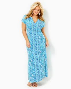 UPF 50+ Sophiletta Short Sleeve Maxi Dress -Lilly Pulitzer Shop 012969 amalfibluebytheseashoreengineeredmaxidress a5 sf