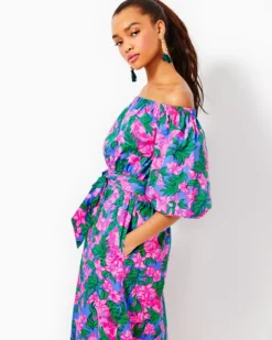 Shawnlee Elbow Sleeve Off-The-Shoulder Cotton Midi Dress -Lilly Pulitzer Shop 013832 cerisepinksafarisunset a4 sf